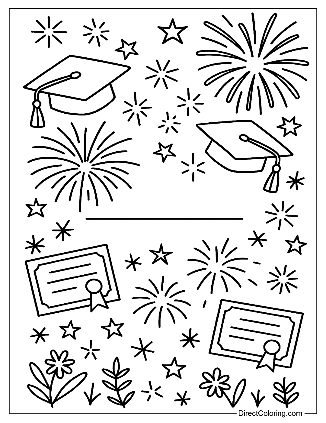 a Name coloring page, surrounded by graduation caps, certificates and fireworks.